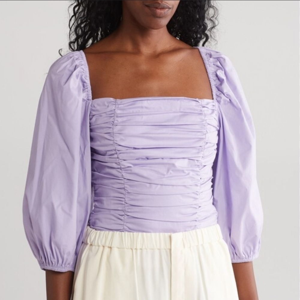 Wayf Gathered Puff Sleeve Stretch Cotton Top